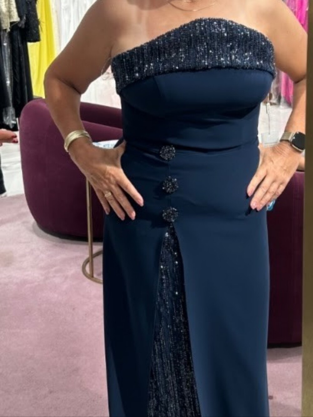 Navy Formal Gown with Sequin Front Panel